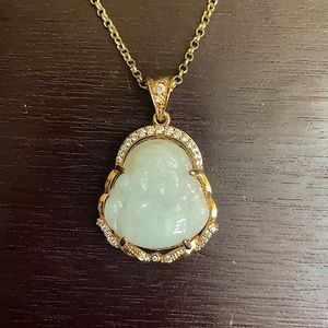 Jade and Crystal Laughing Buddha Necklace with Gold Chain